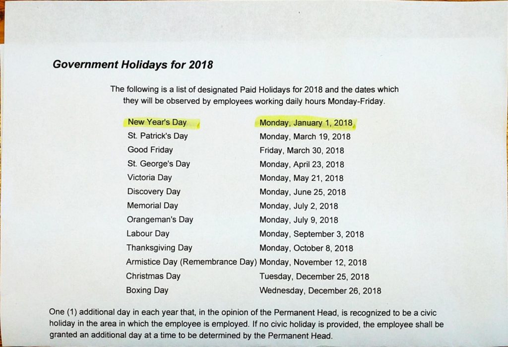 Government Holidays in Main Brook, Newfoundland